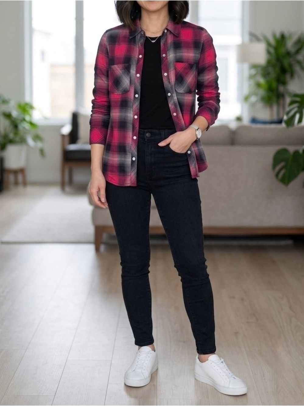 Women’s Red Plaid Button-Down Shirt